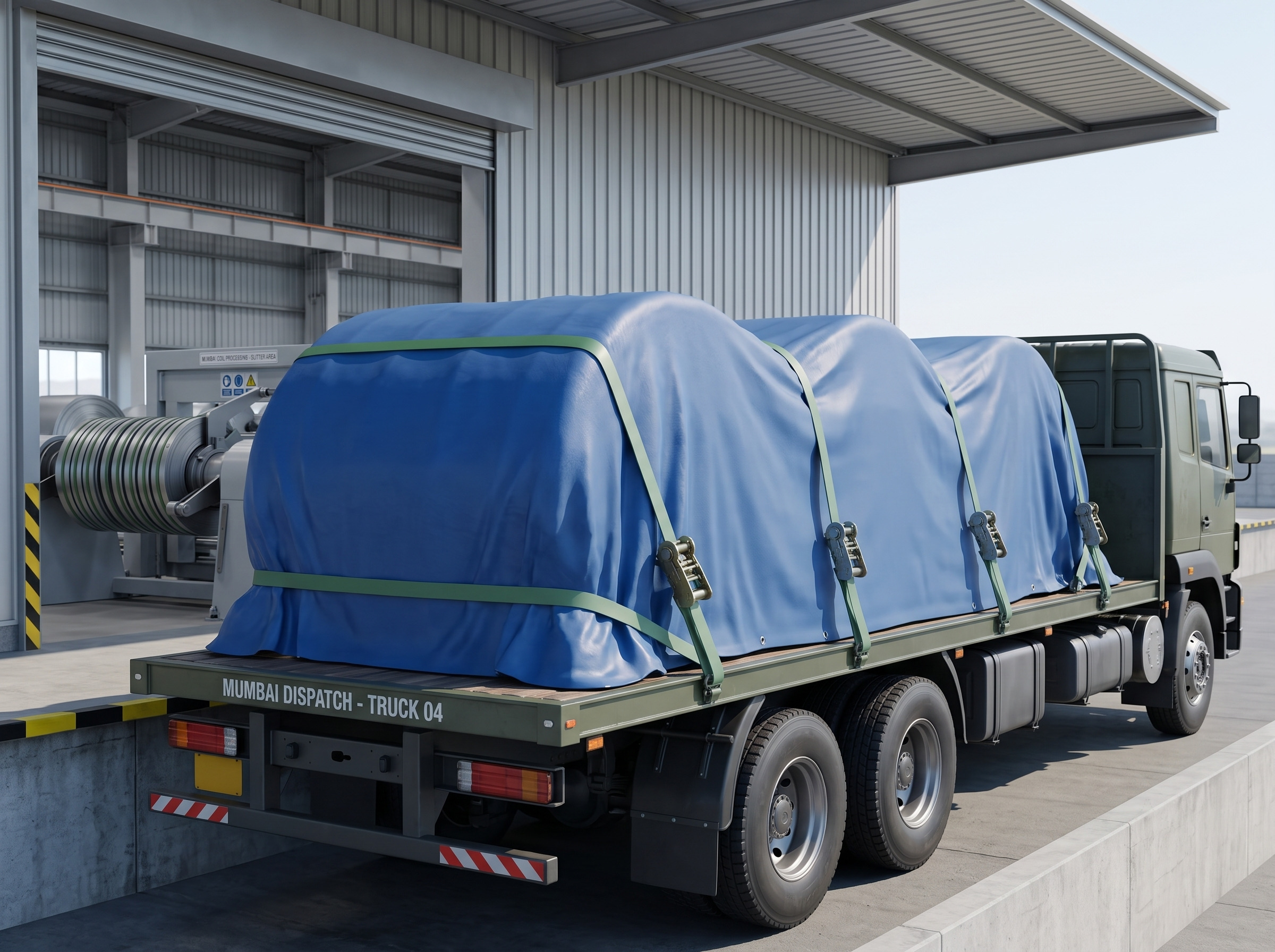 Blue-tarped steel coils on dispatch truck