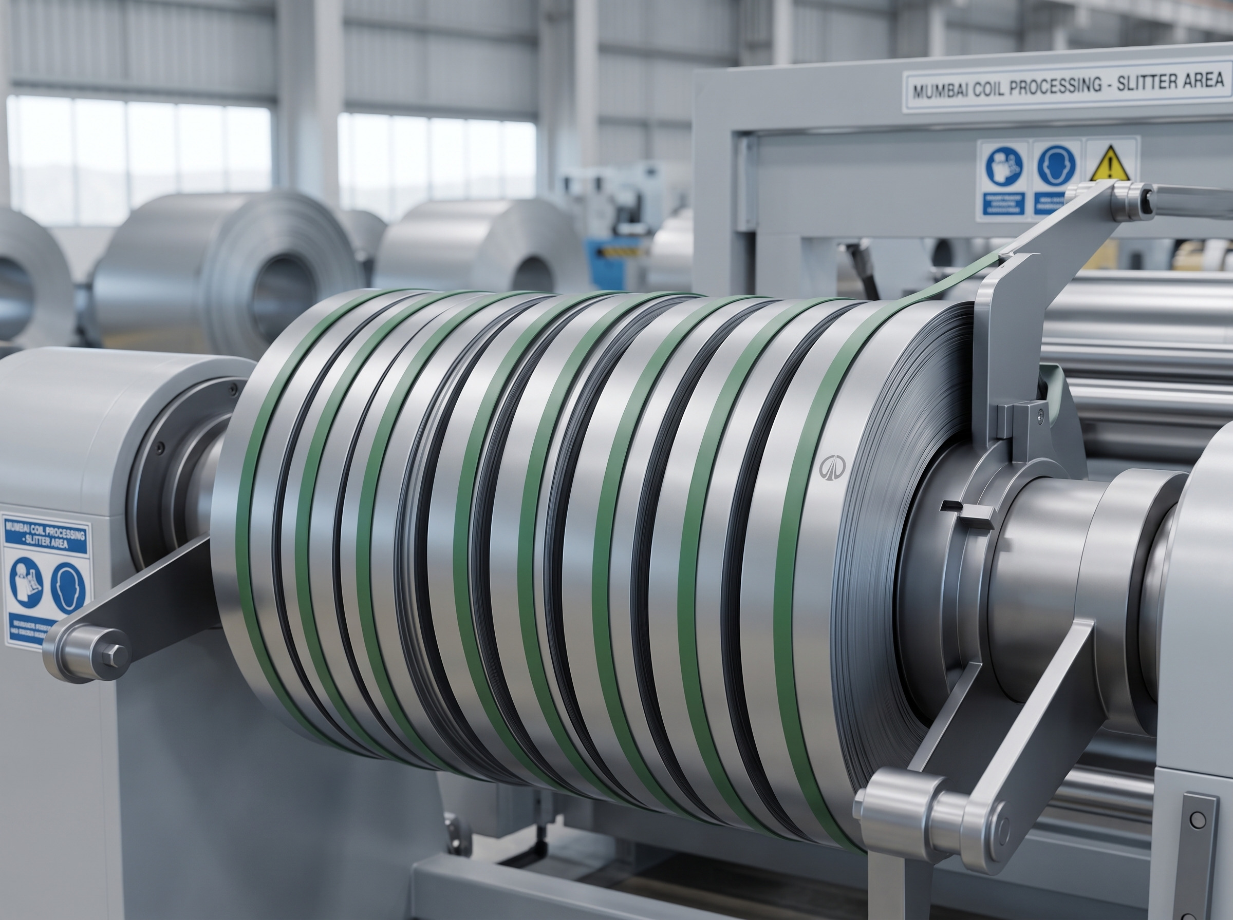 Multi-width slit steel coils on recoiler with green strapping — JMT Steel